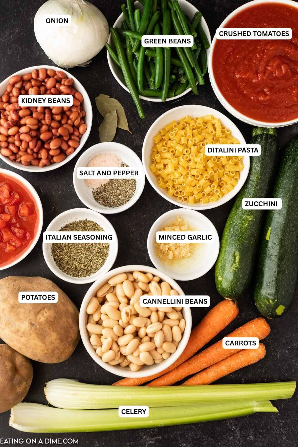 Crock Pot Minestrone Soup Recipe comes together for a flavor packed meal with little effort. Make this tasty recipe to satisfy your craving for soup. Ingredients for recipe: pasta, crushed tomatoes, salt, pepper, Italian seasoning, minced garlic, zucchini, potatoes, beans, carrots and celery.