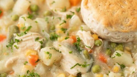 Close up image of chicken pot pie in a bowl
