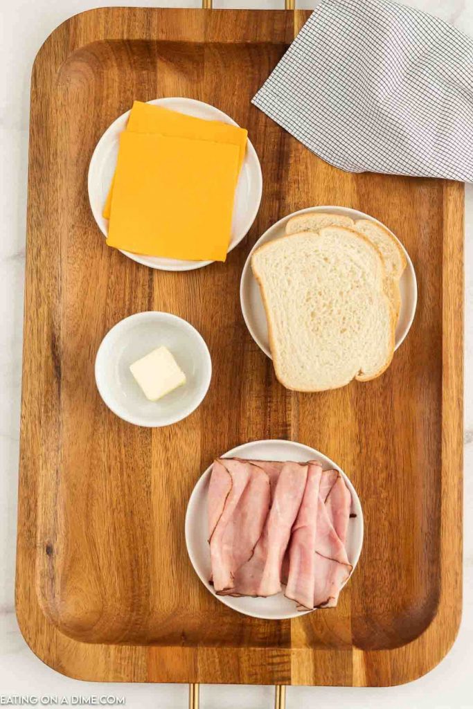 Ingredients for Grilled ham and cheese sandwich. 