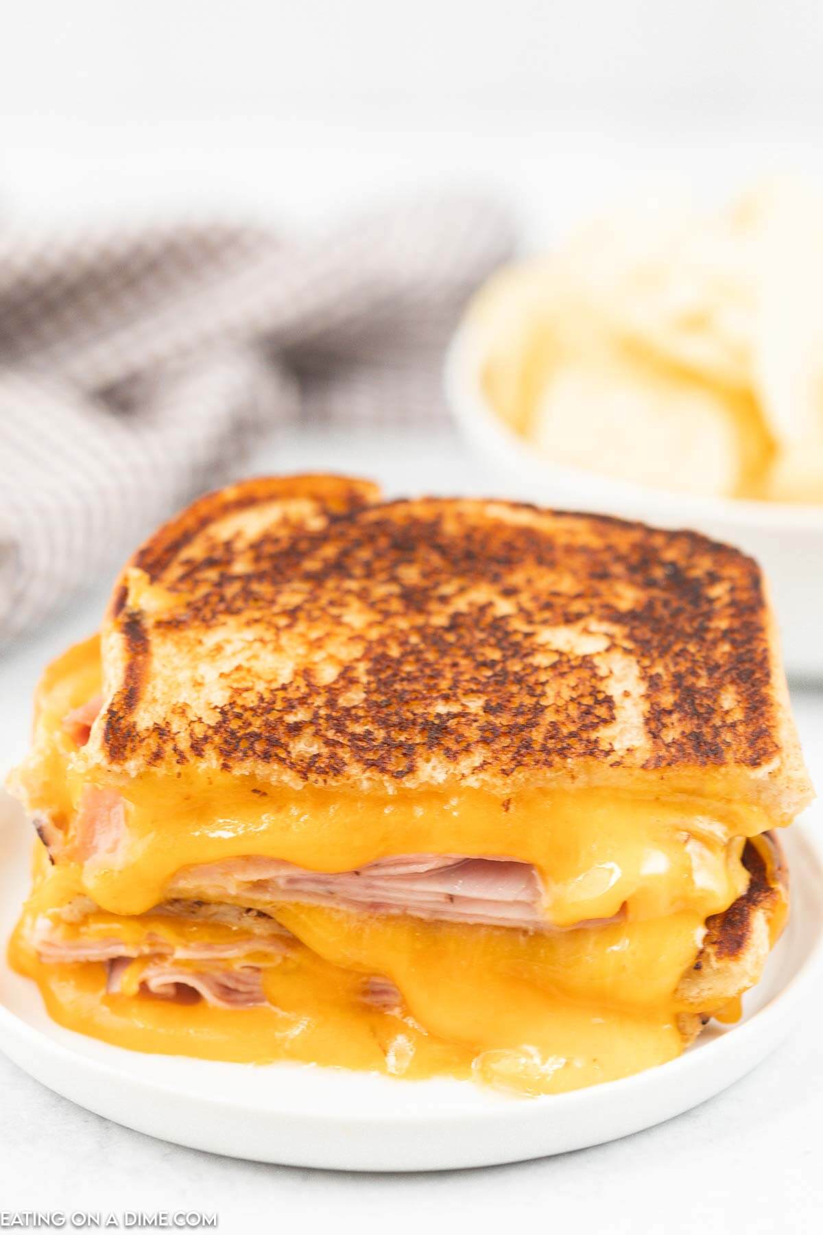 Grilled ham and cheese sandwich on a plate. 