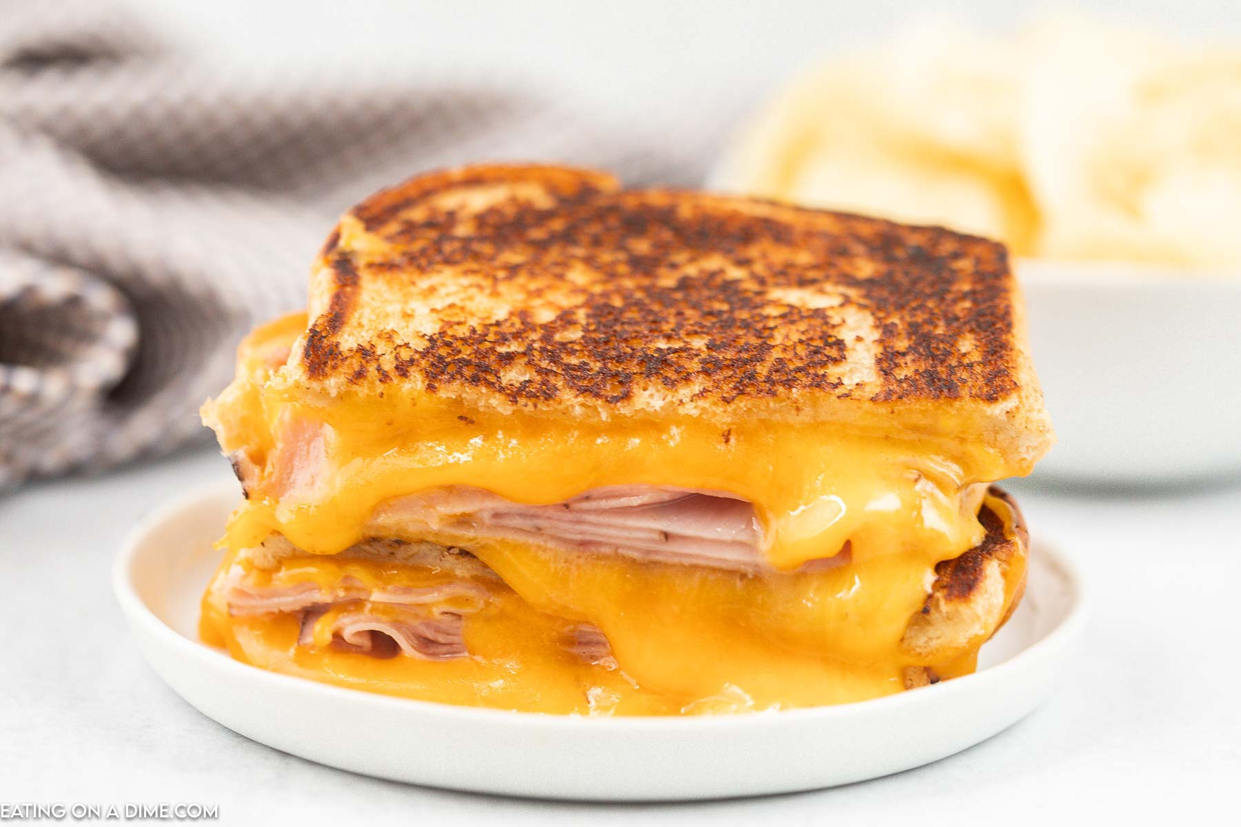 Grilled ham and cheese sandwich on a plate. 