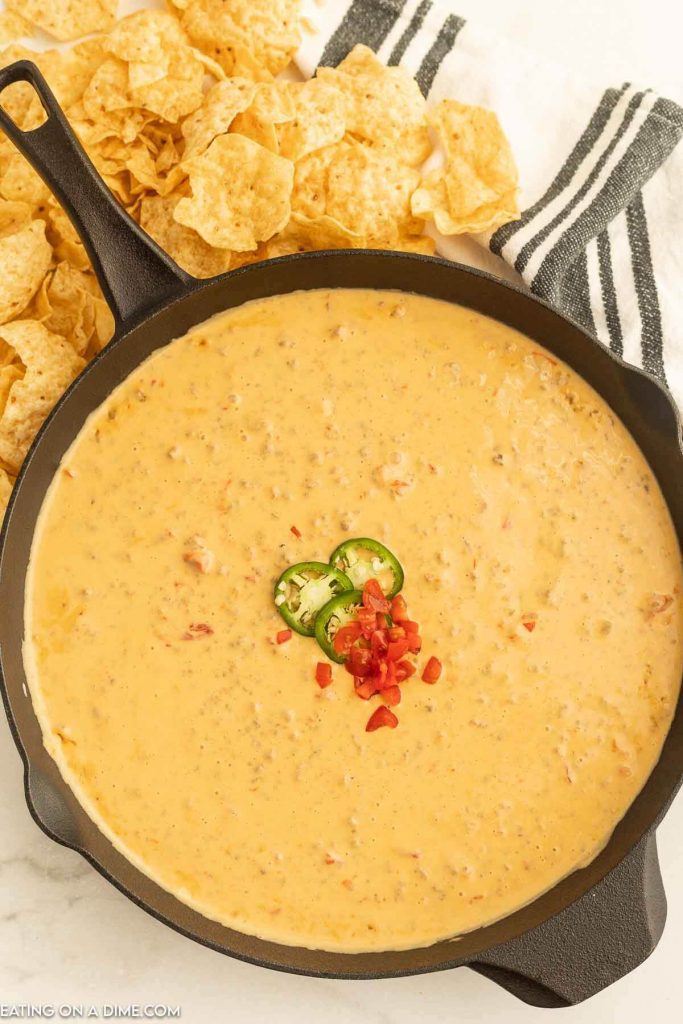 Close up image of Rotel Dip in a cast iron skillet