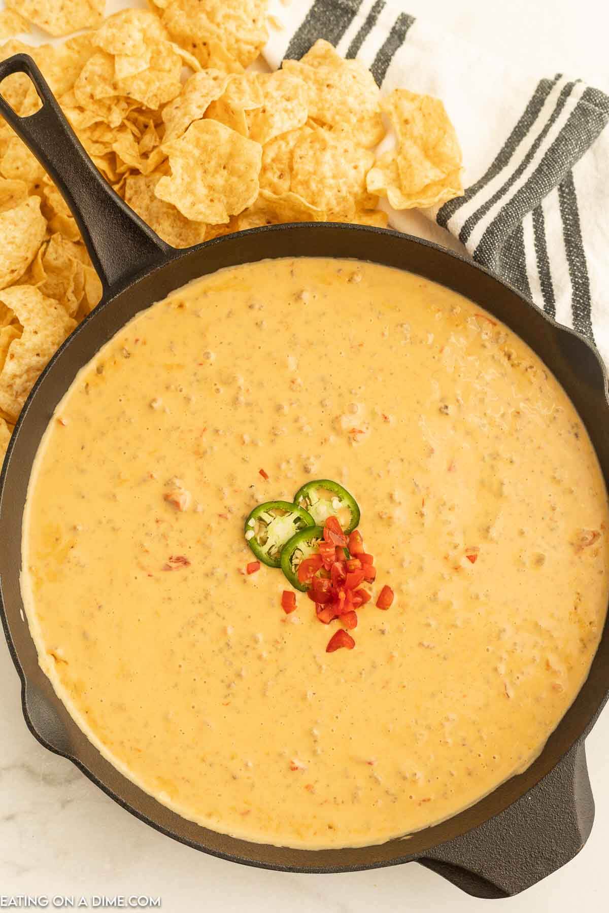 Rotel Dip in a cast iron skillet