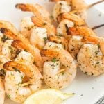 Shrimp Skewers on a white platter.