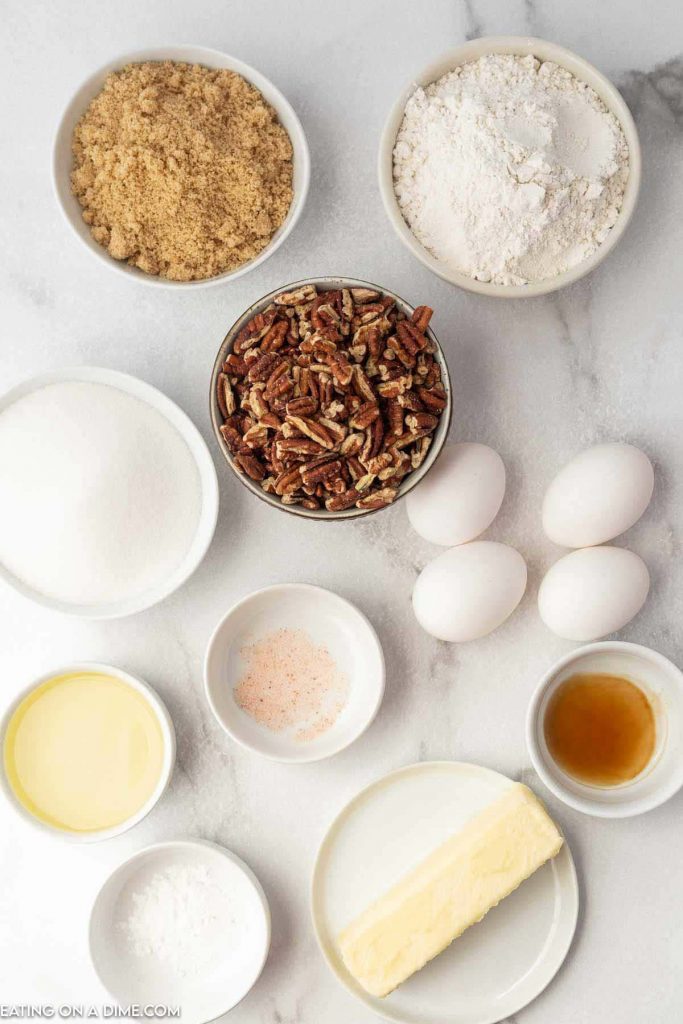 Ingredients needed - brown sugar, sugar, butter, eggs, flour, baking powder, vanilla, salt, pecans