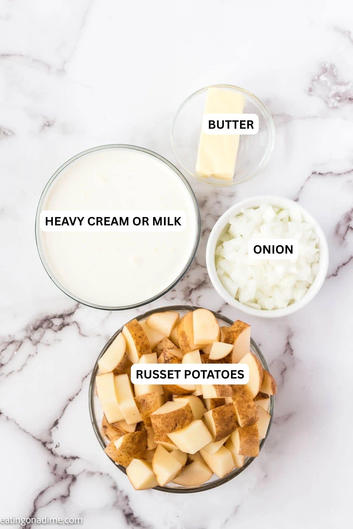 Ingredients for recipe: butter, heavy cream or milk, onion and russet potatoes.