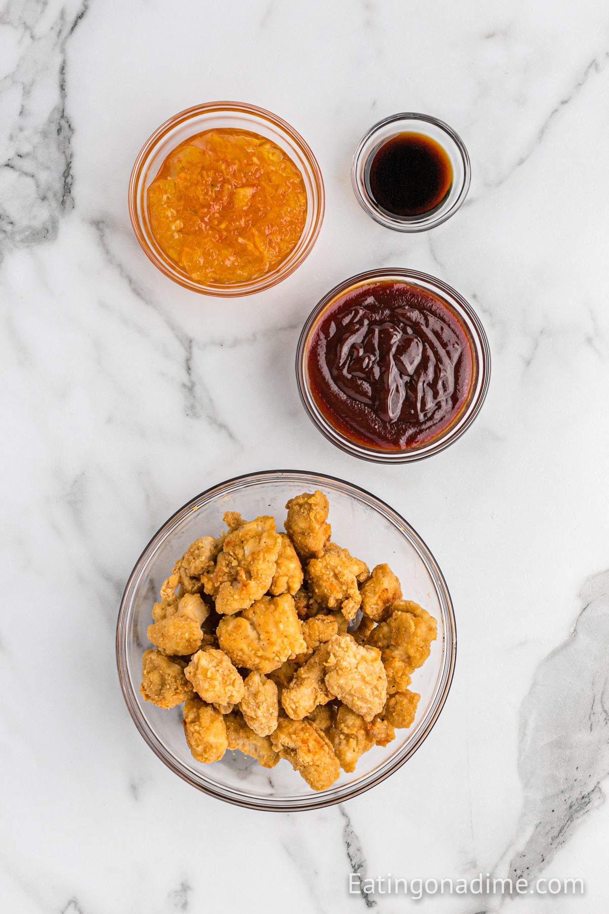 Ingredients needed - pre-made chicken nuggets, orange marmalade, barbecue sauce, soy sauce