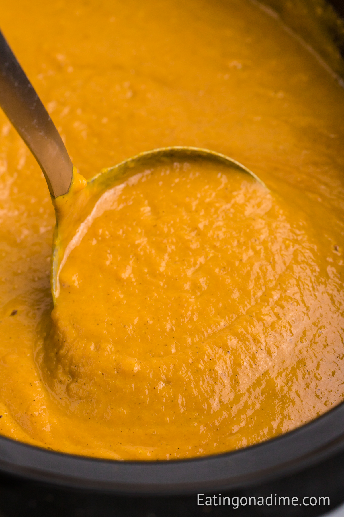 Close up image of pumpkin soup with a serving on a ladle