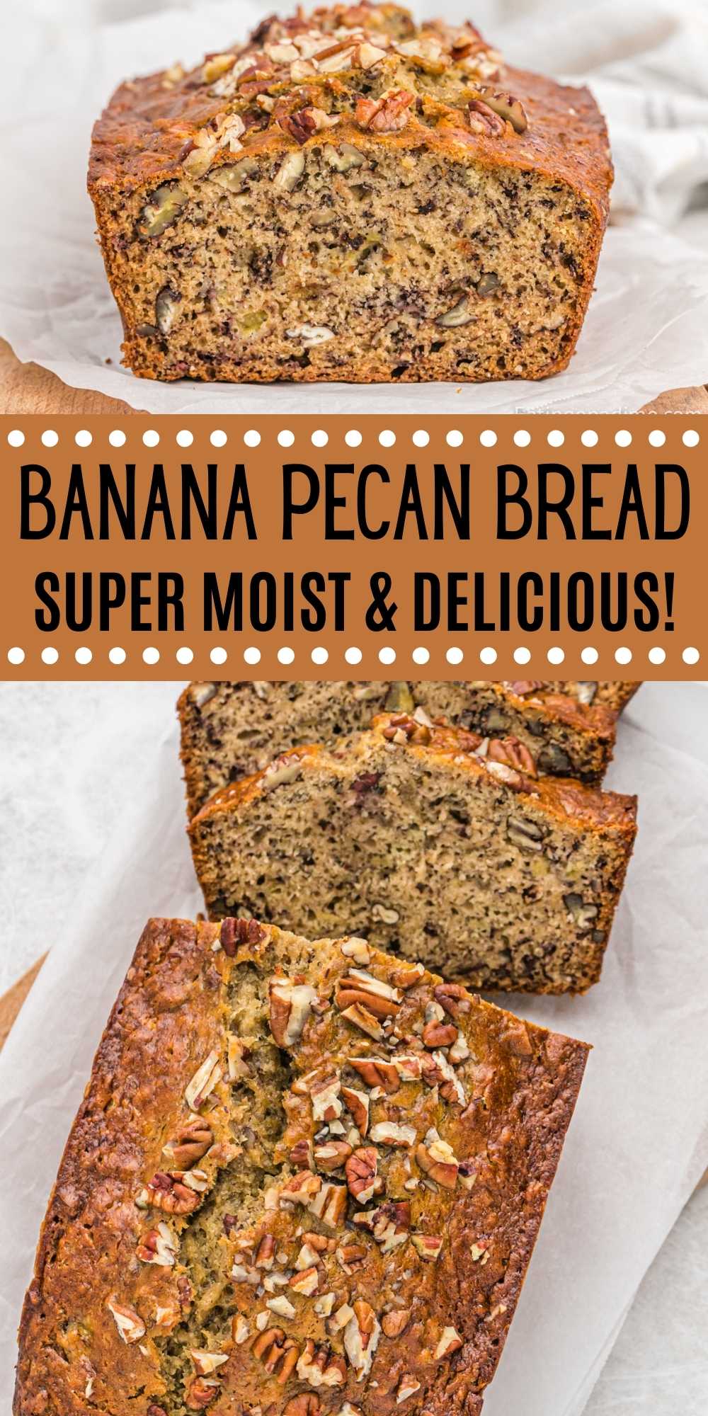 Banana Pecan Bread is a delicious and moist bread that is made with mashed bananas and pecans. Simple to make banana bread recipe that makes the perfect breakfast or snack. #eatingonadime #bananabread #bananapecanbread