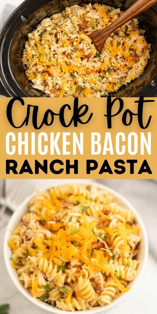 Crock Pot Chicken Bacon Ranch Pasta Recipe is a one pot meal with tons of bacon, cheese and more. This meal is easy to make and is delicious. Chicken Bacon Ranch is a creamy slow cooker that is the perfect weeknight meal. #eatingonadime #chickenbaconranchpasta #crockpotrecipes