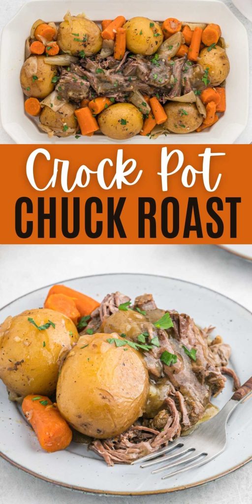 Crock Pot Chuck Roast is a delicious, classic recipe that is easy to make in the slow cooker. The roast comes out juicy and flavorful with easy ingredients. #eatingonadime #chuckroast #crockpotrecipes
