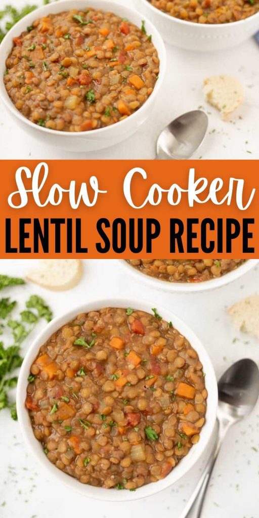 Try Slow Cooker Lentil Soup Recipe for a warm and comforting meal sure to be a hit.  This vegan soup is packed with flavor and so easy to make. Try this easy soup for the best weeknight meatless meal. #eatingonadime #lentilsoup #slowcookerrecipes