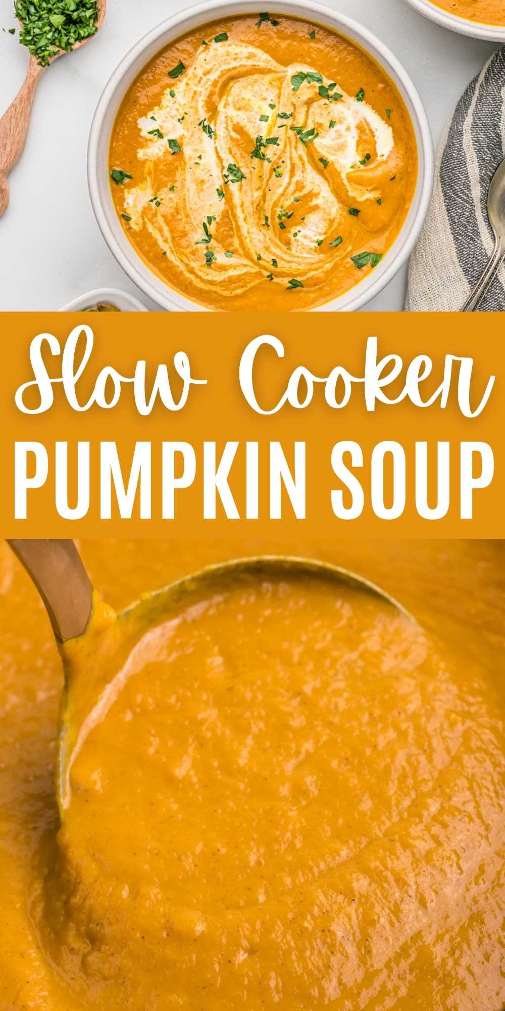 If you love pumpkin flavored recipes, then you must try this Slow Cooker Pumpkin Soup. It is rich, creamy and loaded with delicious flavor. This soup ends with creamy coconut milk to make an easy pumpkin soup. #eatingonadime #pumpkinsoup #slowcookerrecipe
