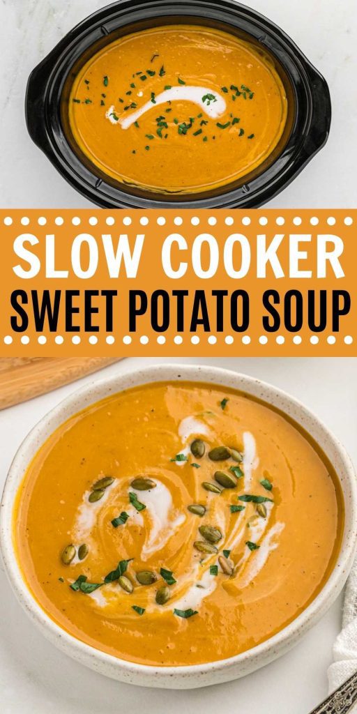 Crock Pot Sweet Potato Soup is flavorful, rich, creamy and so delicious. Make this warm dish on a cold day with easy ingredients. Making this sweet potato soup in the slow cooker makes for an easy fall soup. #eatingonadime #crockpotrecipes #sweetpotatosoup