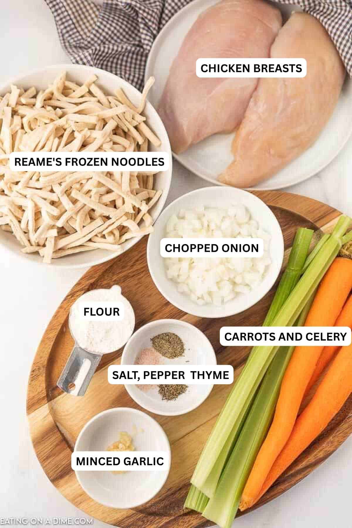 Ingredients for recipe: chicken breasts, Reame's frozen noodles, onion, flour, carrots and celery, salt , pepper, thyme and minced garlic.
