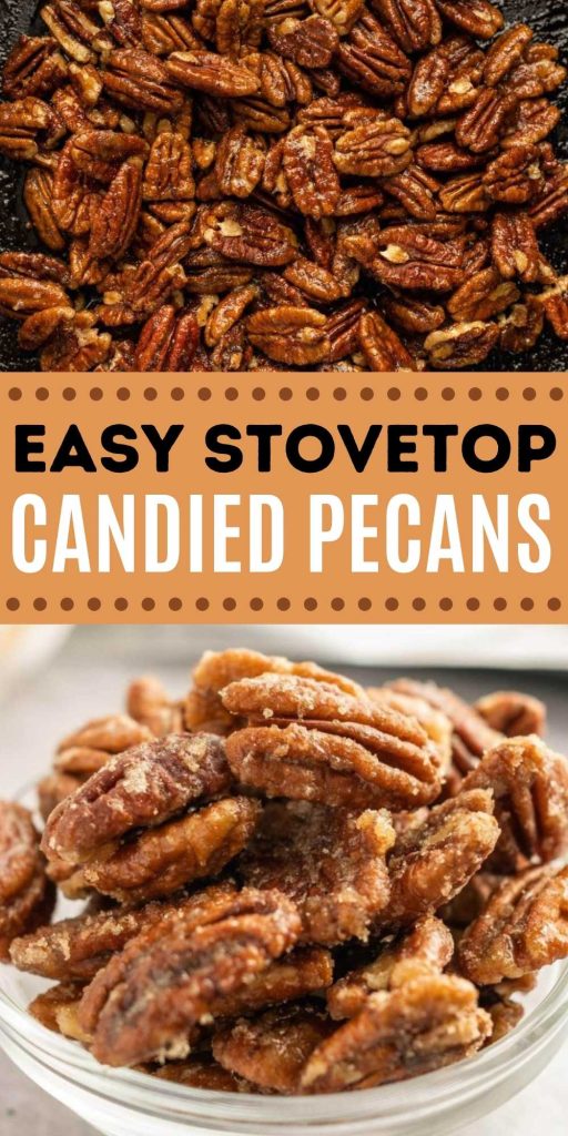 Candied Pecans Stovetop recipe is easy to make on the stove. Melted brown sugar and salt tops the pecans for an easy snack or on your salad. Learn how to make the best stovetop candied pecans. #eatingonadime #candiedpecans #stovetoprecipe