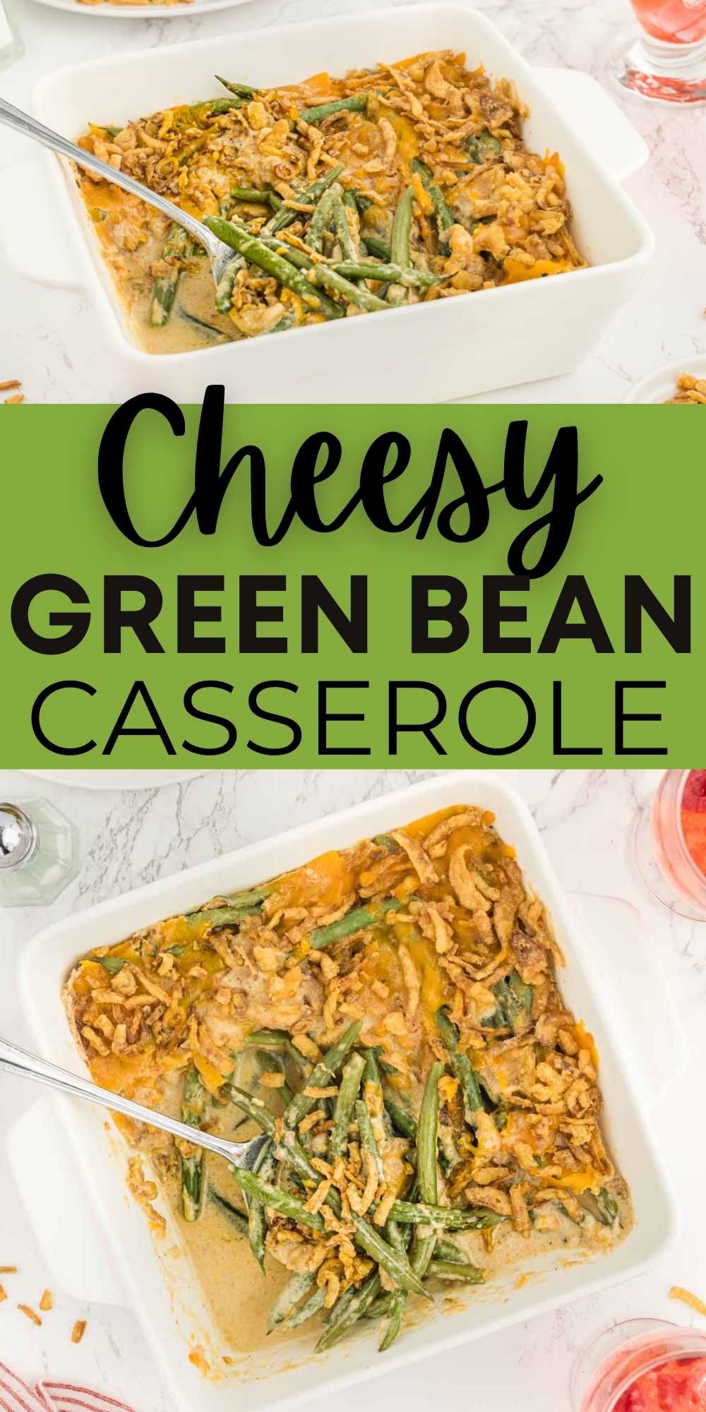 Make Cheesy Green Bean Casserole for an easy side dish to your holiday table. Add cheese to your classic recipe for amazing flavor. This casserole recipe is made with easy ingredients. #eatingonadime #cheesycasserole #greenbeancasserole