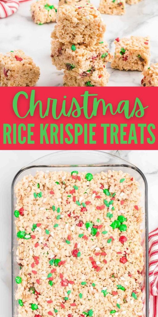 Christmas Rice Krispie Treats are the best Christmas Treats. This classic dessert is made with Christmas Sprinkles and Holiday M&M's.  The perfect holiday treat to make with family. #eatingonadime #ricekrispietreats #christmasdesserts