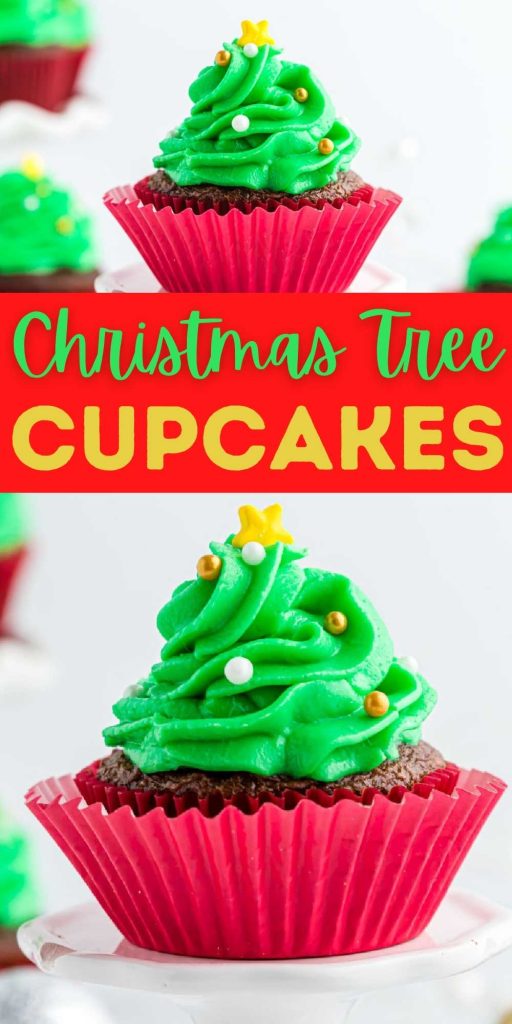 Fun and Festive Christmas Tree Cupcakes are perfect for the holidays. These cupcakes are easy to make and simple to decorate. These holiday cupcakes start with a box cake mix, easy frosting and fun decorations. #eatingonadime #holidaycupcakes #christmastreecupcakes