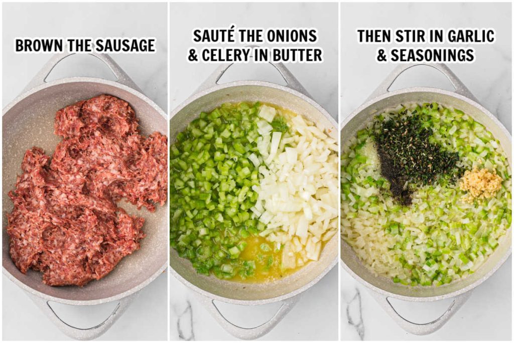 The process of cooking sausage and sauteing the vegetables