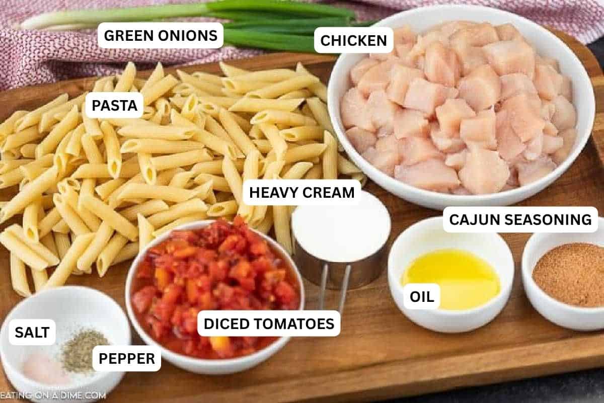Try this easy Cajun Pasta for dinner this week. Your family will love this Creamy Cajun Chicken Pasta Recipe. It's very simple but incredibly tasty! Ingredients to make creamy cajun chicken pasta: Chicken, olive oil, fire roasted tomatoes, cajun seasoning, heavy cream, penne pasta, salt, pepper and fresh parsley.