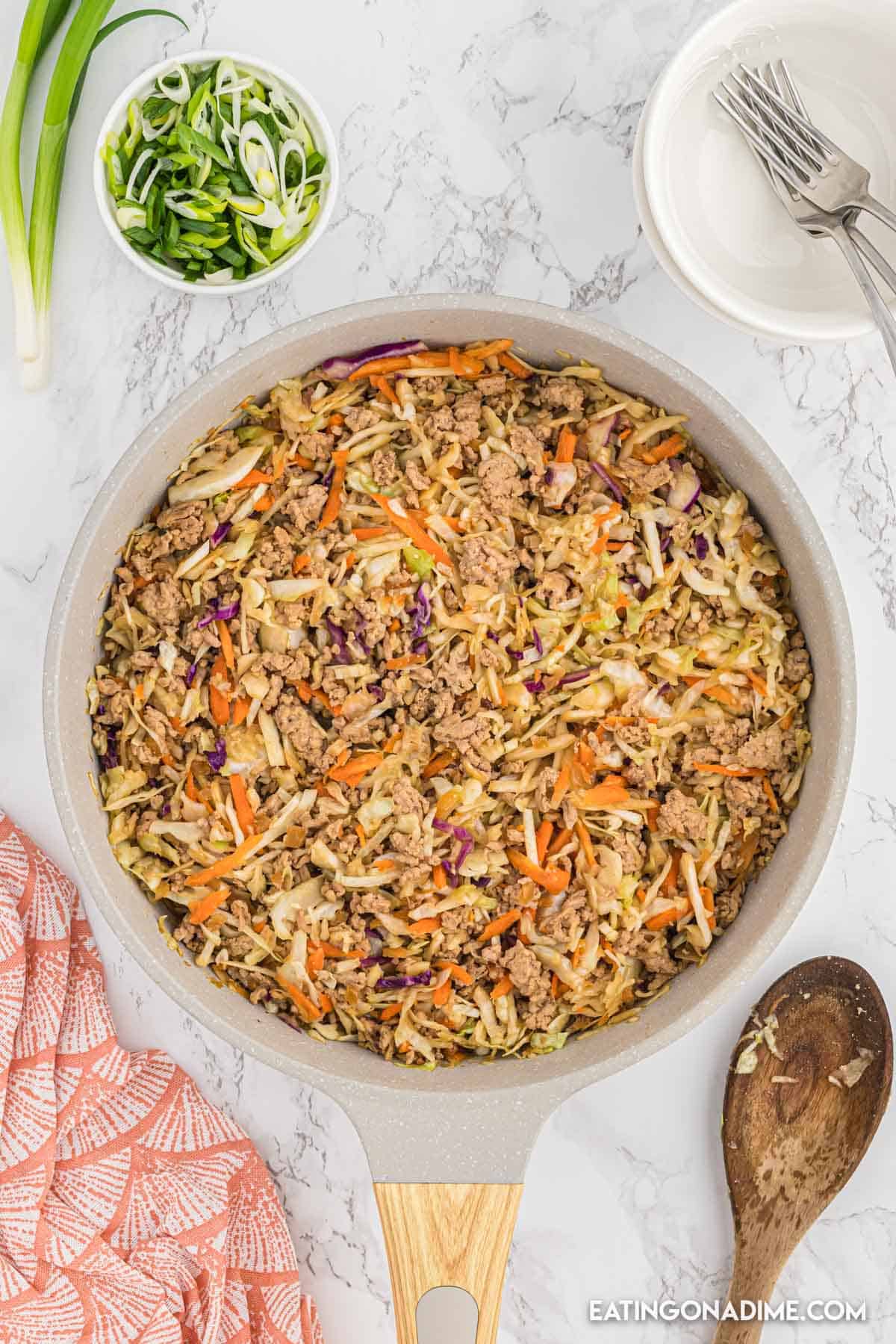 Egg Roll in a bowl mixture in a skillet