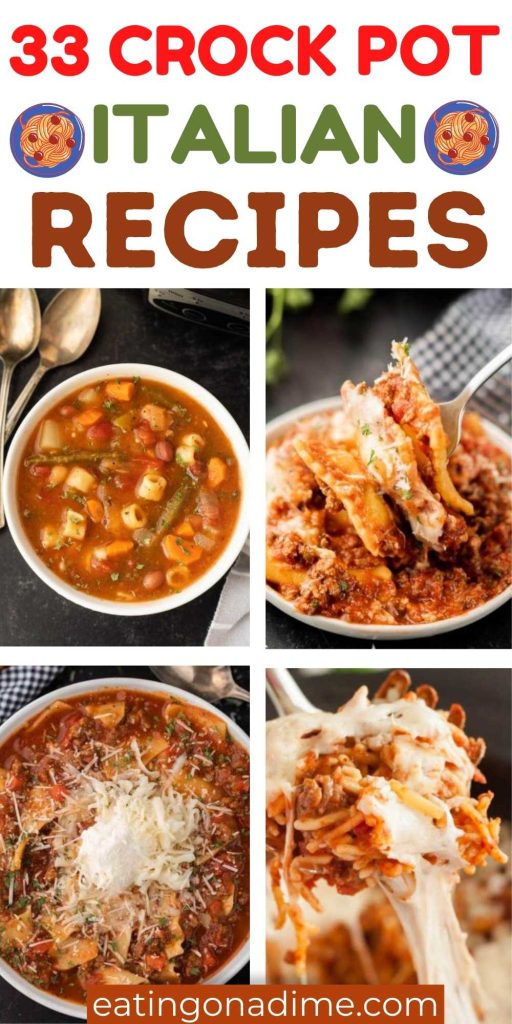 These 33 Italian Crockpot Recipes are the best recipes that are easy to make. They are all made with easy ingredients and are so delicious. Toss the ingredients in the slow cooker for an amazing meal to come home to. #eatingaondime #italianrecipes #slowcookerrecipes