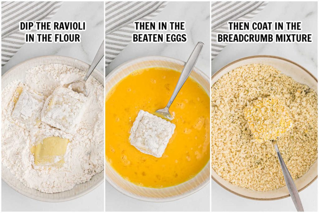 Dipping the ravioli in flour, eggs and breadcrumbs