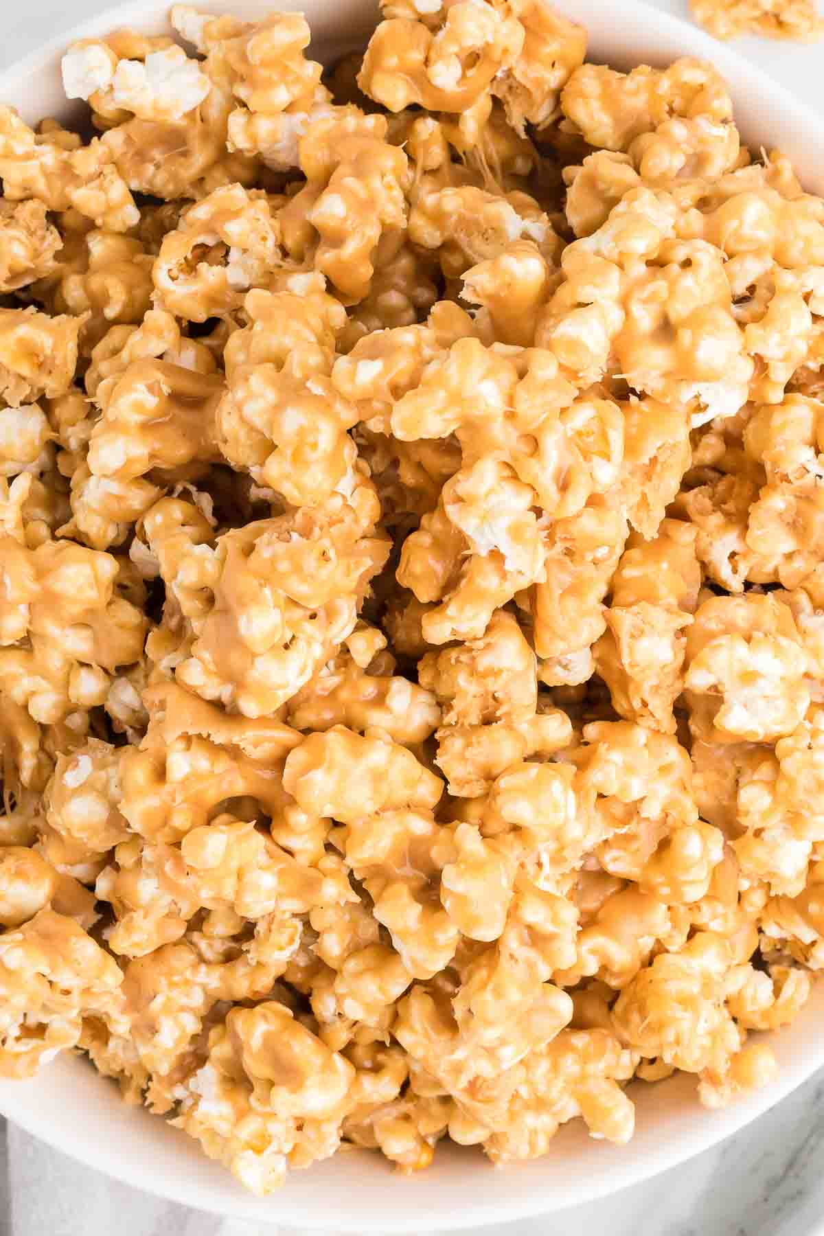 A large bowl of peanut butter popcorn