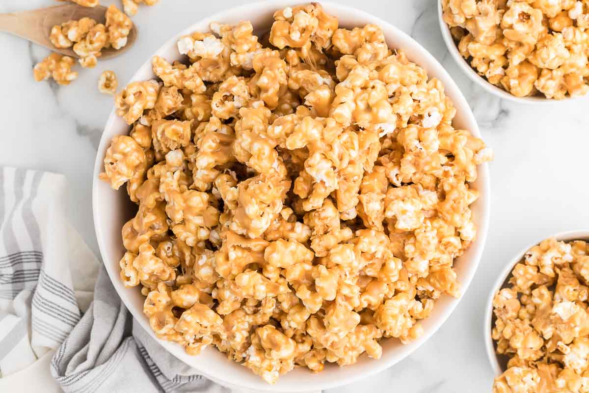 A large bowl of peanut butter popcorn