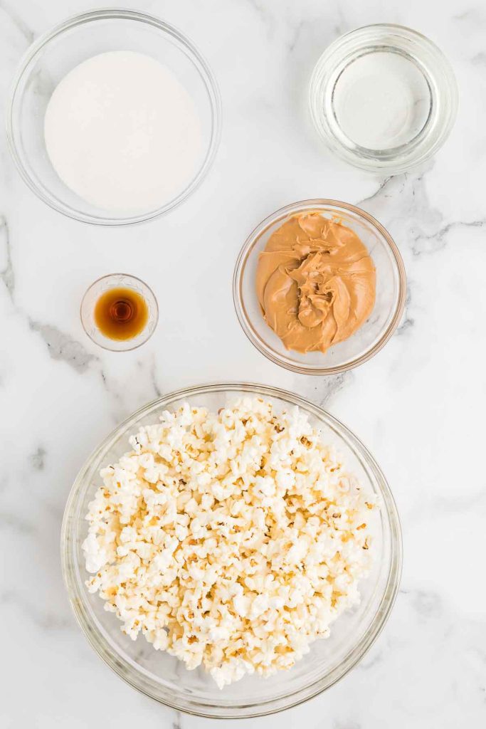 Ingredients needed - popped popcorn, sugar, corny syrup, peanut butter, vanilla