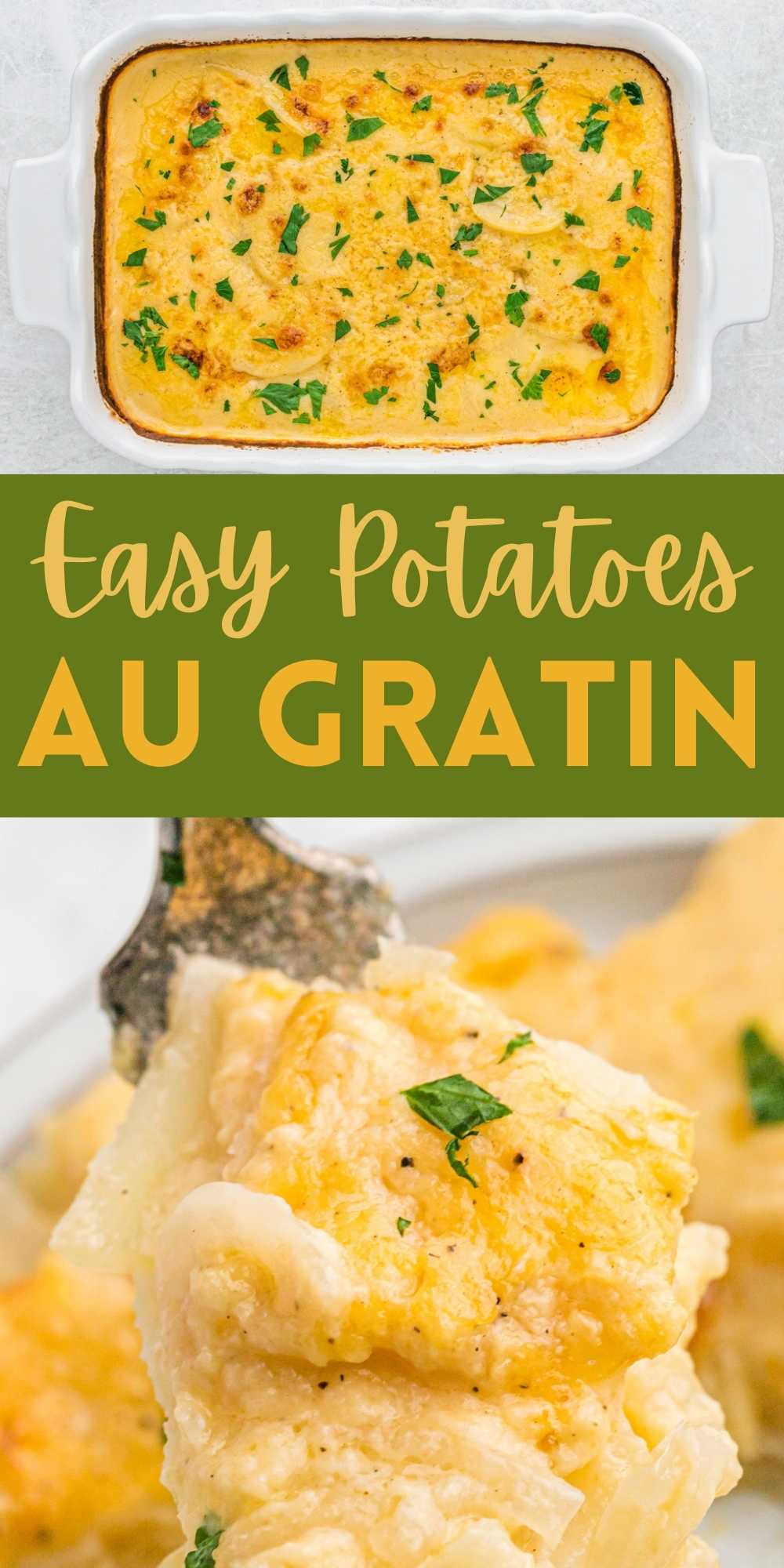 You are going to love this cheesy Potatoes Au Gratin side dish. Thinly slice potatoes are mixed in a creamy sauce and topped with cheese. This recipe is easy to make with simple ingredients. #eatingonadime #potatoesaugratin #holidaysidedish