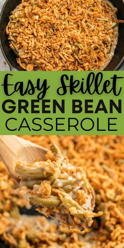 Save oven space and make Skillet Green Bean Casserole this holiday season. This classic recipe is delicious and easy to make in the skillet. Cooking the green bean casserole in a cast iron skillet gives this classic side dish so much flavor. #eatingonadime #greenbeancasserole #skilletrecipes