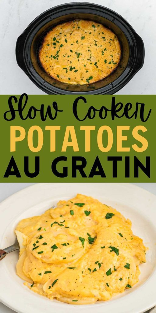 Au Gratin Potatoes Crock Pot is a creamy and cheesy side dish. The slow cooker does all of the work for this savory side dish recipe. Easy to make and simple ingredients for the best slow cooker side dish. #eatingonadime #augratinpotatoes #slowcookerrecipe