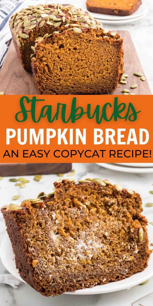 Starbucks Pumpkin Bread is flavorful and moist that you can make at home. This copycat recipe is easy to make with simple ingredients. This pumpkin bread is full of pumpkin flavor. #eatingonadime #starbucks #copycatrecipe #pumpkinbread