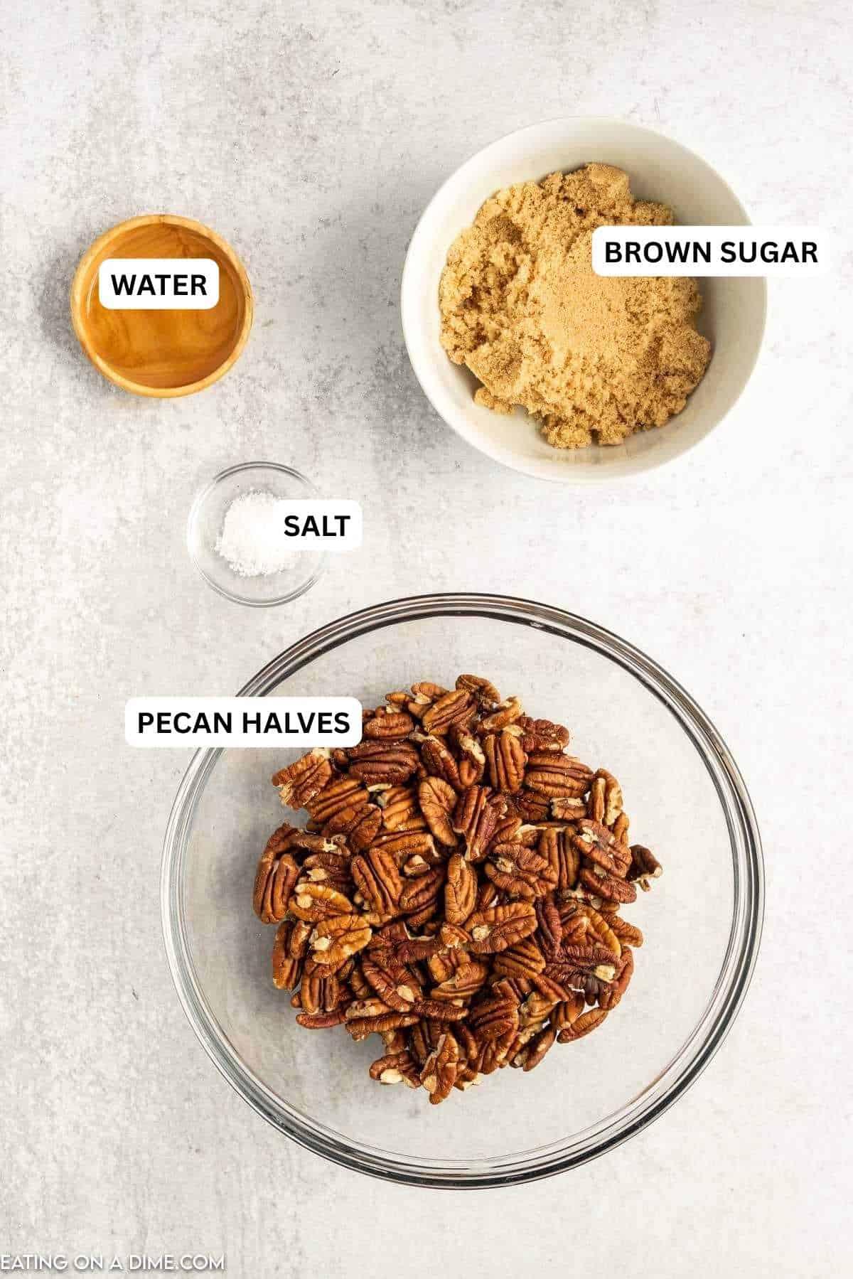 Ingredients needed for recipe: pecan halves, brown sugar, salt and water.