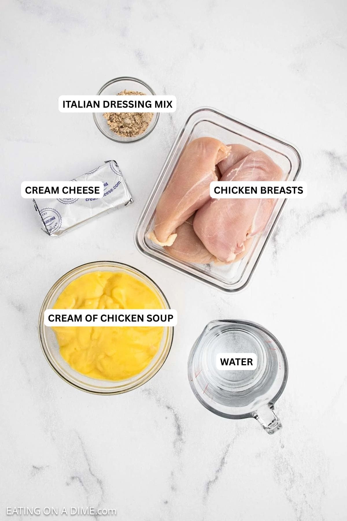Ingredients for recipe: Italian dressing mix, chicken breasts, cream cheese and cream of chicken soup.