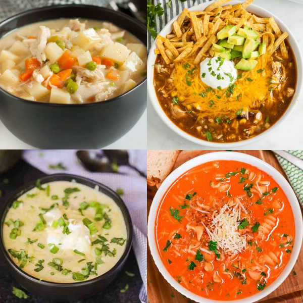 We have gathered 24 of the Best Crockpot Chicken Soup Recipes for you to enjoy all year long. Easy ingredients and simple to make chicken soups. Warm up with a bowl of our favorite chicken soup recipes. #eatingonadime #crockpotrecipes #chickensoups 