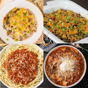 A collage of four dishes: easy ground beef recipes with few ingredients, featuring cheesy casseroles in bowls and baking dishes on the top row, and two types of pasta with tomato sauce and grated cheese on the bottom row.