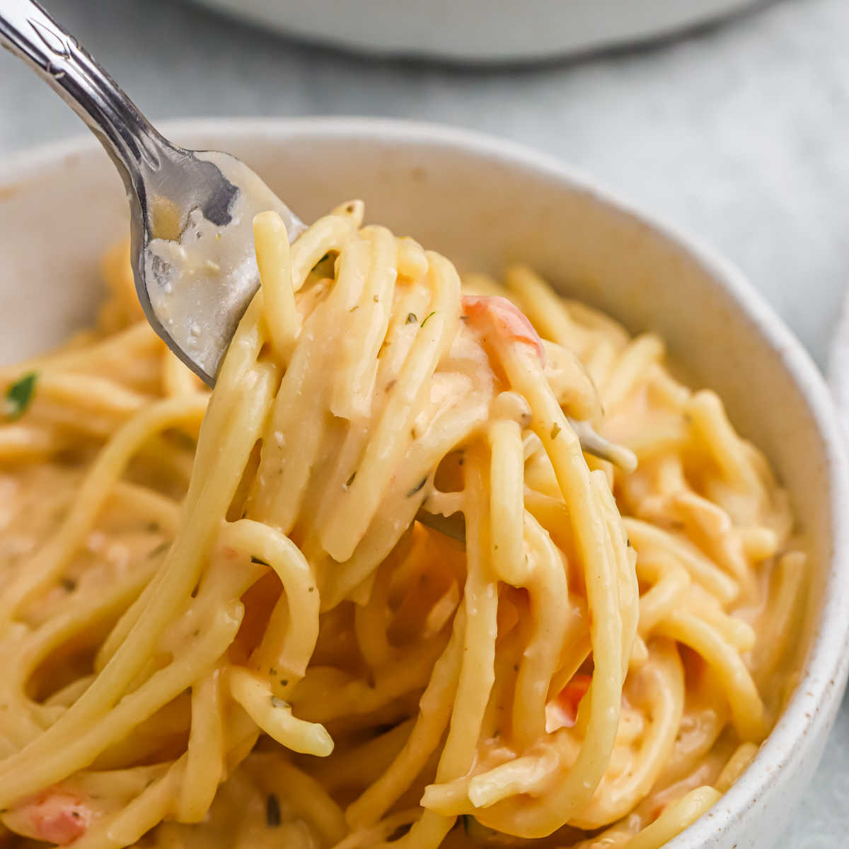 Chicken Spaghetti in a bowl with a bite on a fork