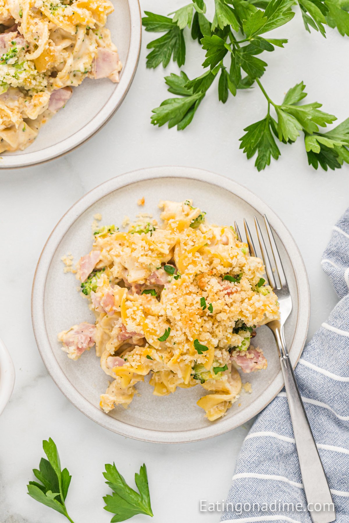 Leftover Ham Casserole on a plate with a fork