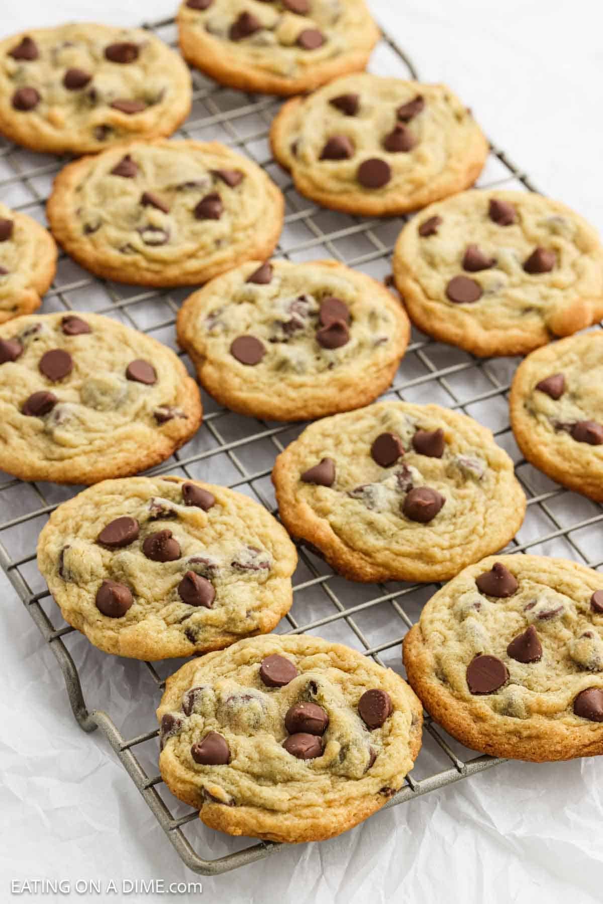 Chocolate Chip pudding cookies on a wire rack.