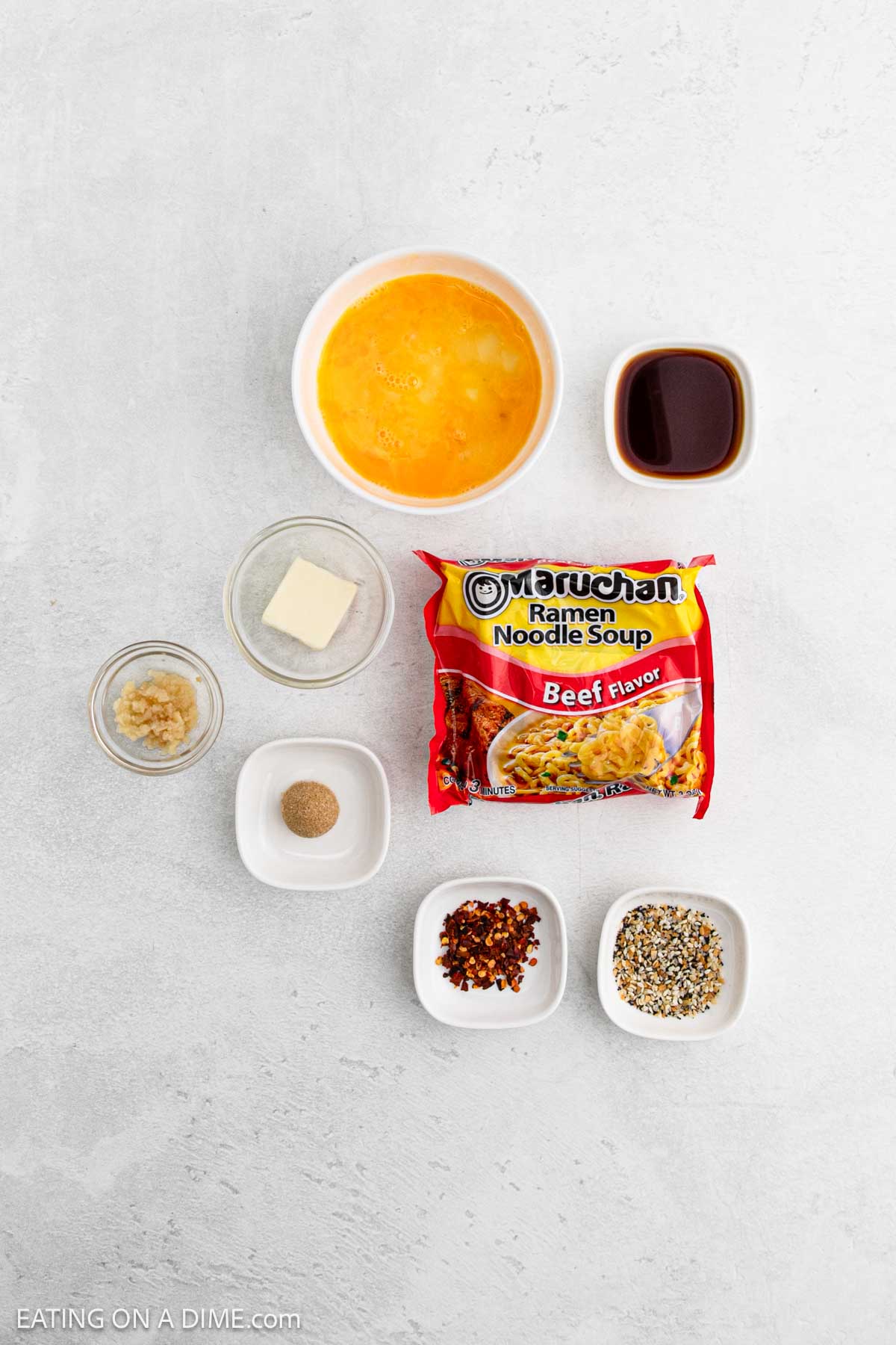 Ingredients - Ramen Noodles, butter, garlic, red pepper flakes, brown sugar, soy sauce, egg, everything bagel seasoning