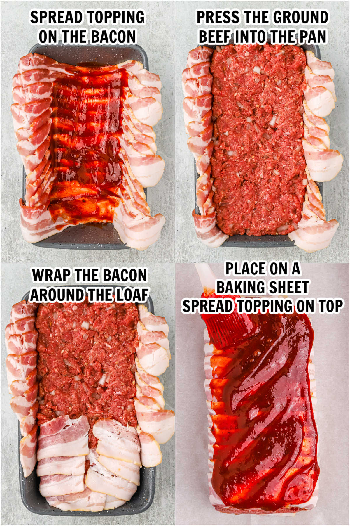 The process of making bacon wrapped meatloaf and putting it in the pan