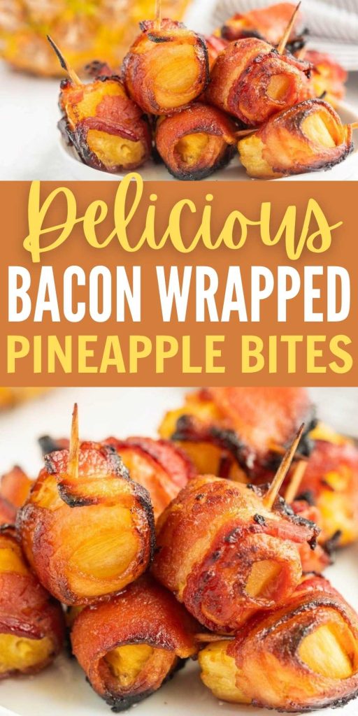 If you love a sweet and savory appetizer, make Bacon Wrapped Pineapple Bites. They are loaded with flavor and only require 3 ingredients. Pineapple Bites are baked to perfection and taste delicious. #eatingonadime #baconwrapped #pineapplebites