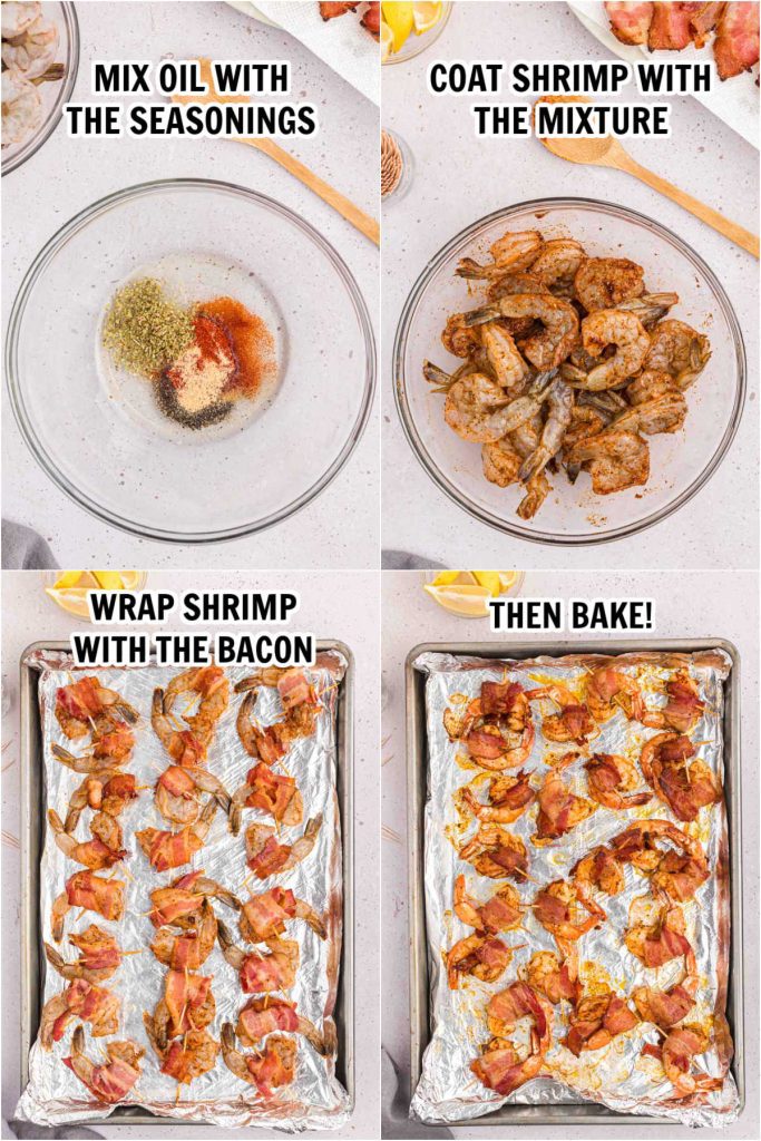 Process photos of seasoning and baking shrimp. 