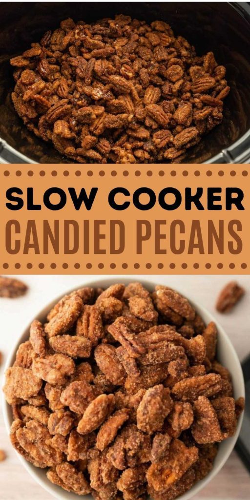 Slow Cooker Candied Pecans is loaded with cinnamon and sugar flavor. This easy sweet and delicious recipe is perfect for snacking or to top your ice cream. It is even great on your salads and other delicious recipes. #eatingonadime #candiedpecans #slowcookerrecipes