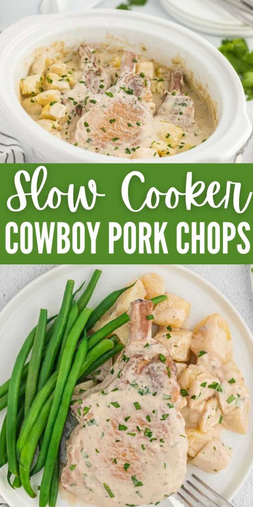 This delicious meal is packed with flavor and so easy to make. Cowboy Crockpot Pork Chops Recipe is comfort food at its best. This dish is loaded with potatoes, mushroom soup, chili and more. Yum! #eatingonadime #cowboyporkchops #crockpotrecipes