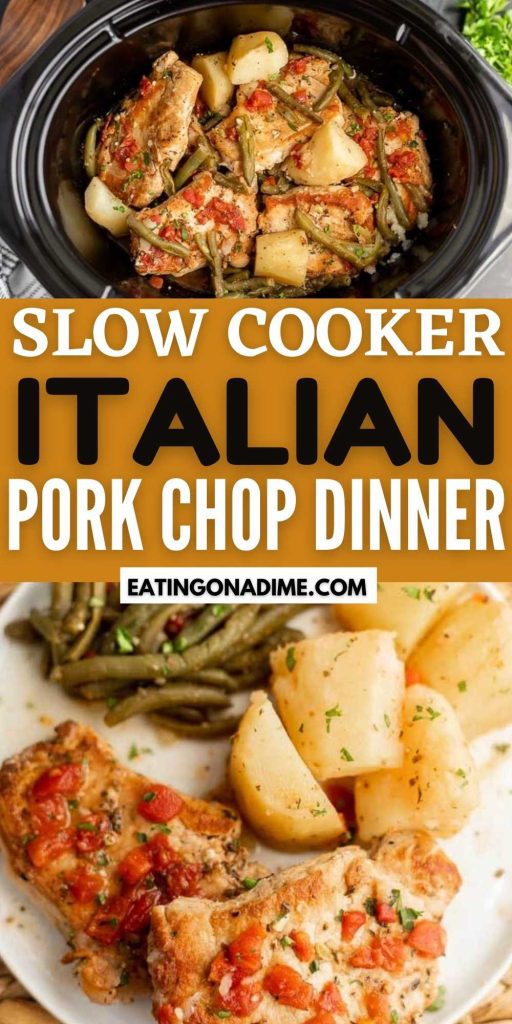 One pot meals are such a time saver around here and this Crock Pot Pork Chop Dinner does not disappoint. Everything you need for dinner is in the slow cooker including flavorful pork, potatoes and green beans. #eatingonadime #porkchopdinner #italiancrockpotrecipes