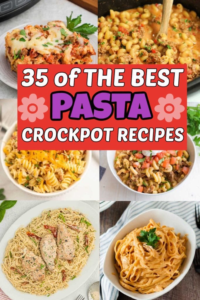 These easy and delicious 35 Crockpot Pasta Recipes are delicious and are made with simple ingredients. These pasta dishes are easily made in your slow cooker. Creamy delicious pasta dishes the perfect weeknight meal. #eatingonadime #pastacrockpotrecipes #pastadish
